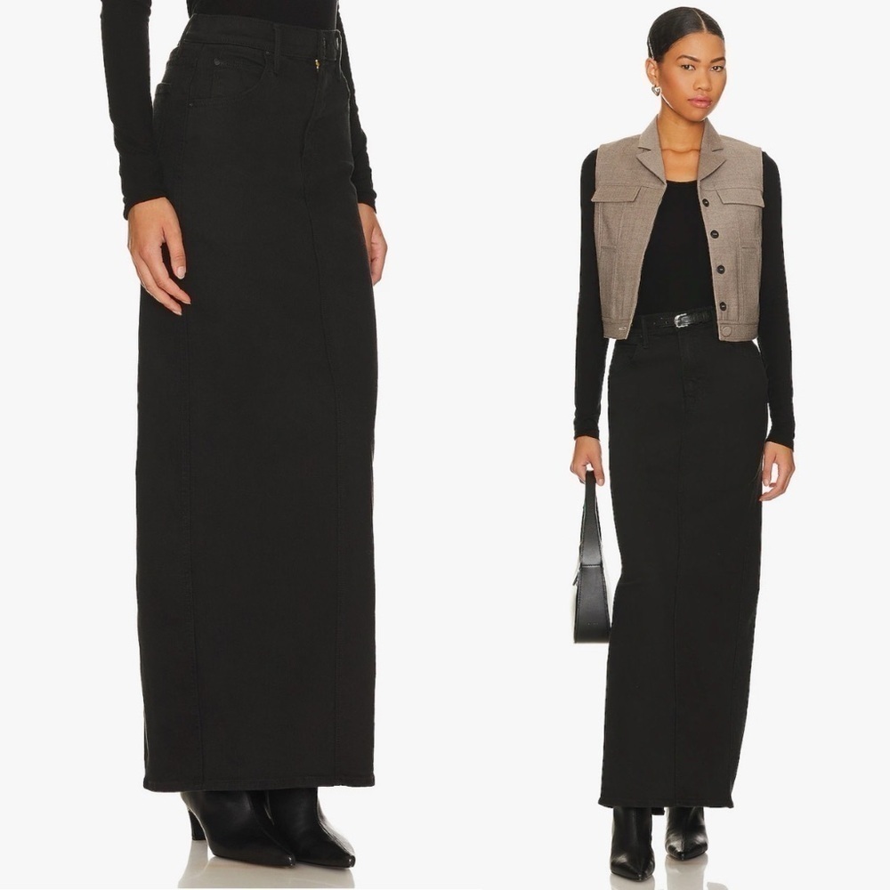 NEW! MOTHER- The Flagpole Denim Maxi Skirt Black Pitch Size 28 Back Slit Minimal